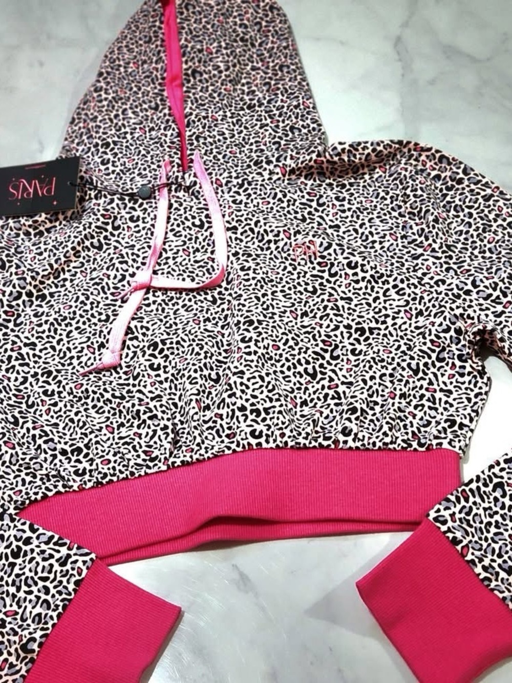 Paris Hilton Black & White Leopard Cropped Hoodie with Pink Trim